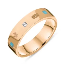 18ct Rose Gold 0.12ct Diamond Turquoise King's Coronation Hallmark Princess Cut 5mm Ring