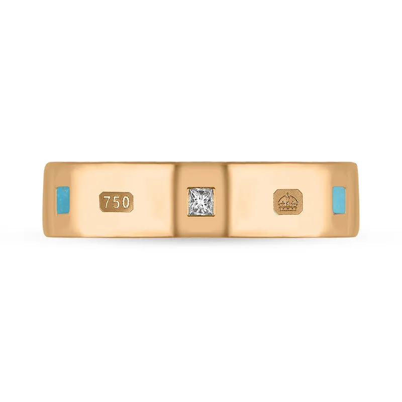 18ct Rose Gold 0.12ct Diamond Turquoise King's Coronation Hallmark Princess Cut 5mm Ring