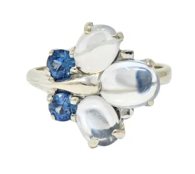 1940's Retro Sapphire Moonstone 14 Karat White Gold Floral Cluster Ring