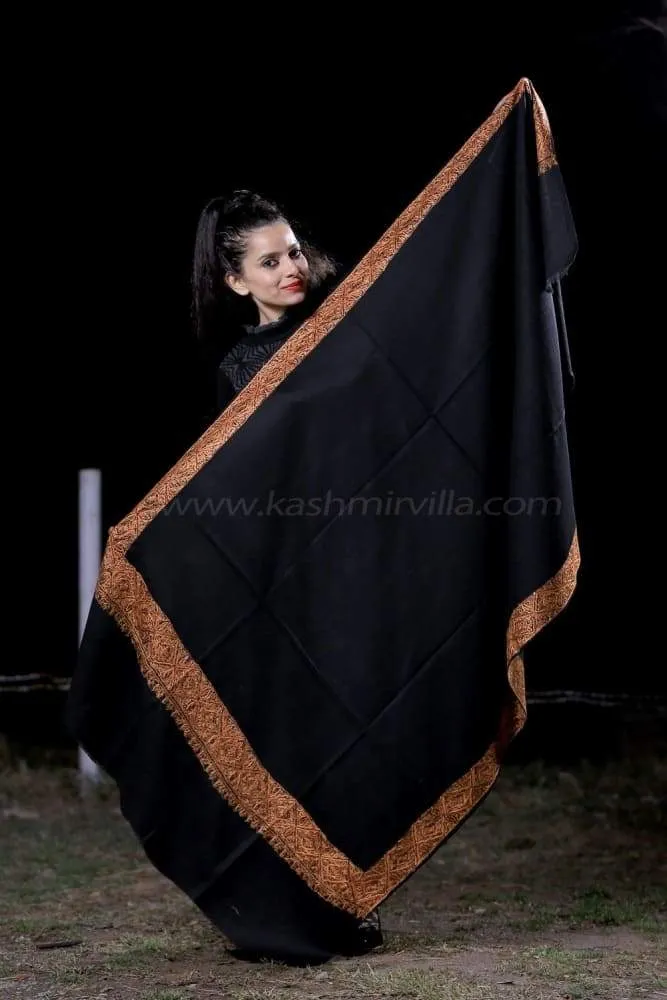 Black Colour SemiPashmina Sozni Shawl With Beautiful Border Owning A Unique Accessory.