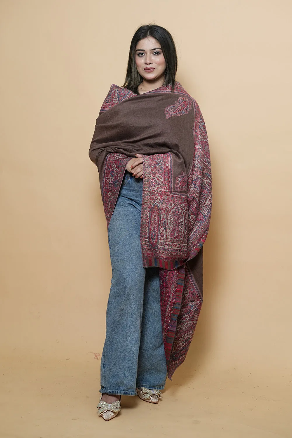 Brown Colour Kani Shawl With Kani Style Bold And Dense Border Gives Rich And beautiful Look.