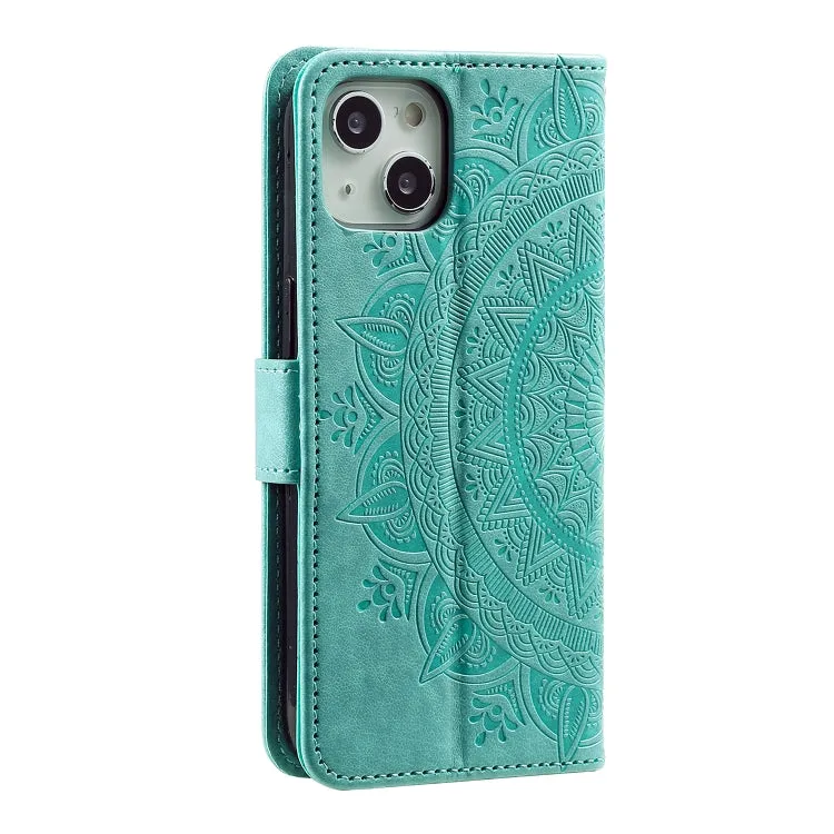 Compatible with iPhone 15, Mandala Flower Embossed Green Leather Phone Case | Card Slots | Wallet Function | Hands-Free Viewing Stand | Shock Resistant | PU Leather | Lightweight & Slim