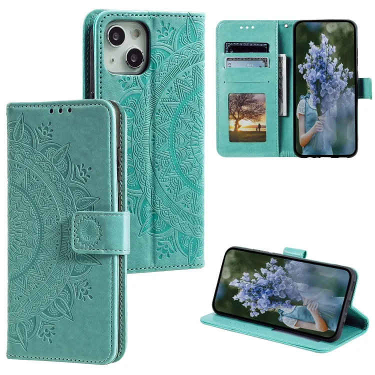 Compatible with iPhone 15, Mandala Flower Embossed Green Leather Phone Case | Card Slots | Wallet Function | Hands-Free Viewing Stand | Shock Resistant | PU Leather | Lightweight & Slim