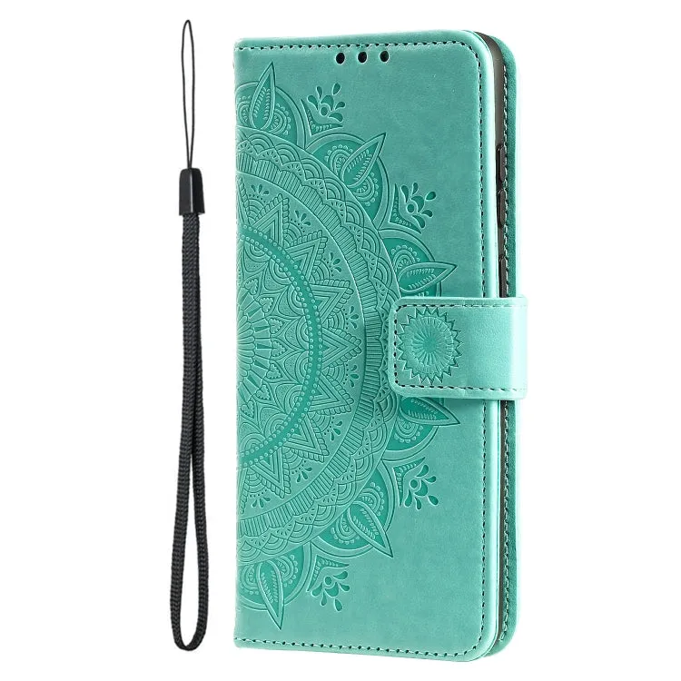 Compatible with iPhone 15, Mandala Flower Embossed Green Leather Phone Case | Card Slots | Wallet Function | Hands-Free Viewing Stand | Shock Resistant | PU Leather | Lightweight & Slim