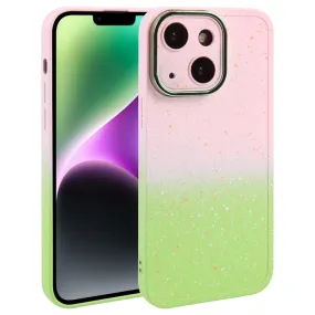 Compatible with iPhone 15 Plus, Starry Silicone Phone Case with Lens Film (Pink Green) - Soft Liquid Silicone, Full Protection, Two-Color Gradient Design, Lightweight, Scratch-Resistant, Precise