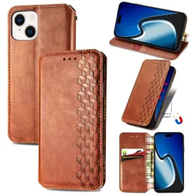 Compatible with iPhone 15 - Press Magnetic Leather Phone Case with Cubic Grid Design (Brown) - Lightweight Slim Wallet Cover with Card Slot, Bracket Function, Oil-Edged Finish, High Magnetic Force