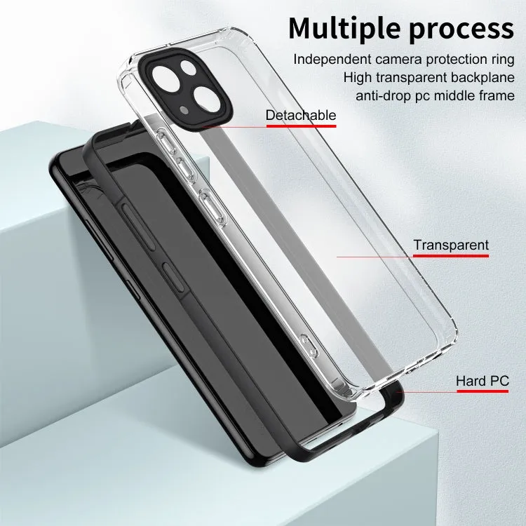 Compatible with iPhone 15, this 3 in 1 Clear TPU Color PC Frame Phone Case offers a sleek, lightweight design with a built-in card slot and bracket function for hands-free viewing. Crafted