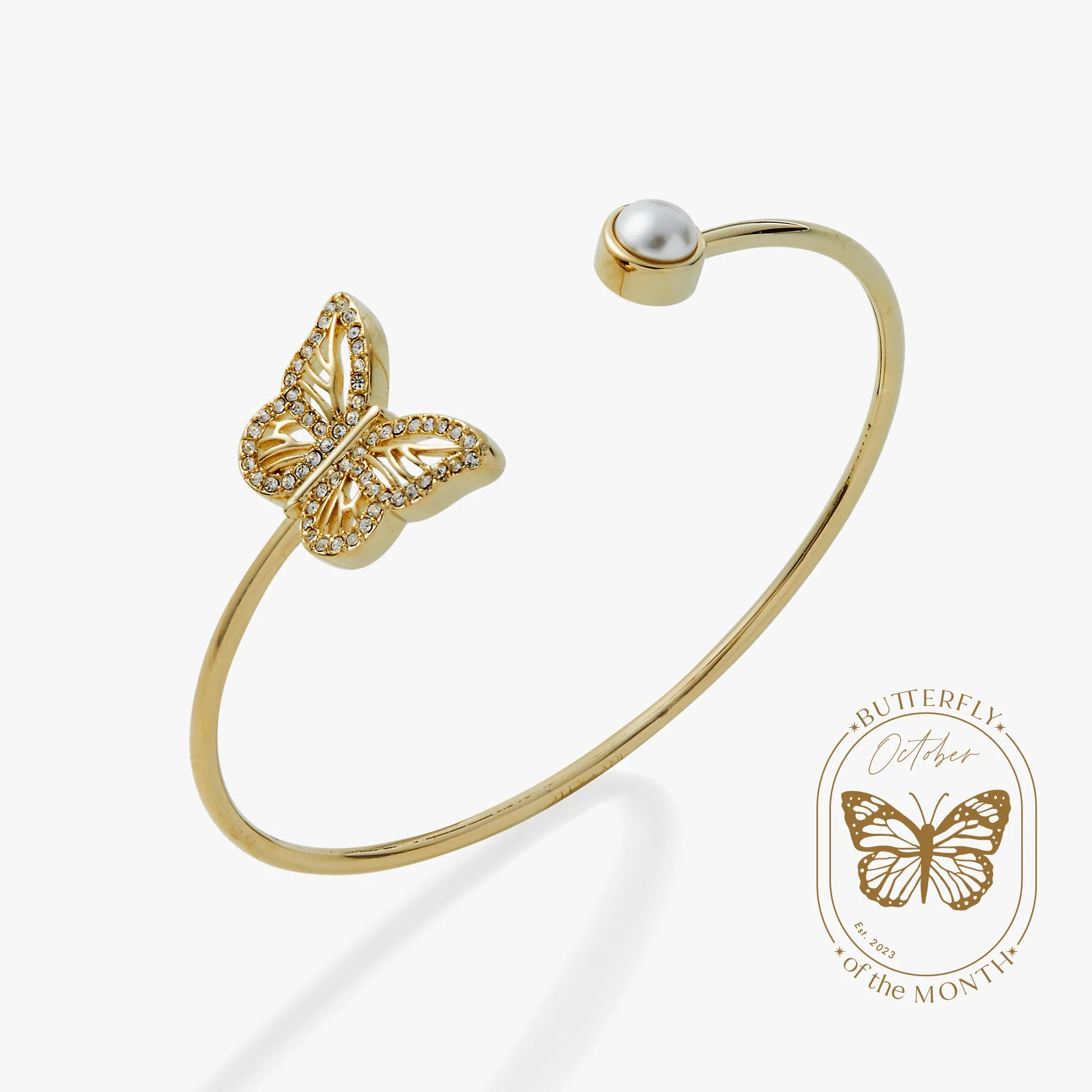 Crystal Butterfly   Pearl Flex Cuff Bracelet