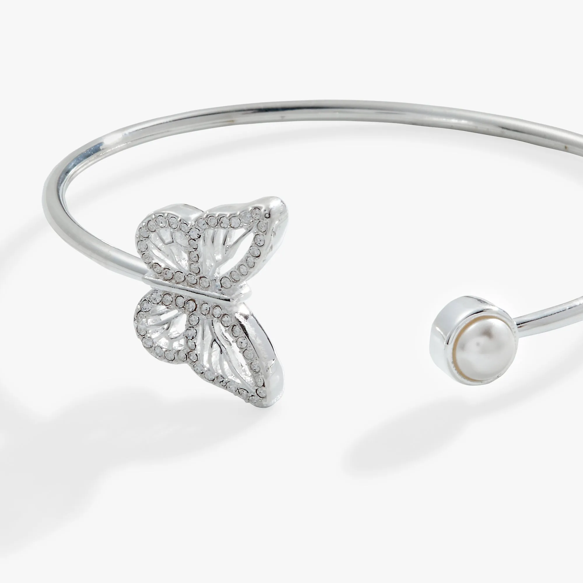 Crystal Butterfly   Pearl Flex Cuff Bracelet