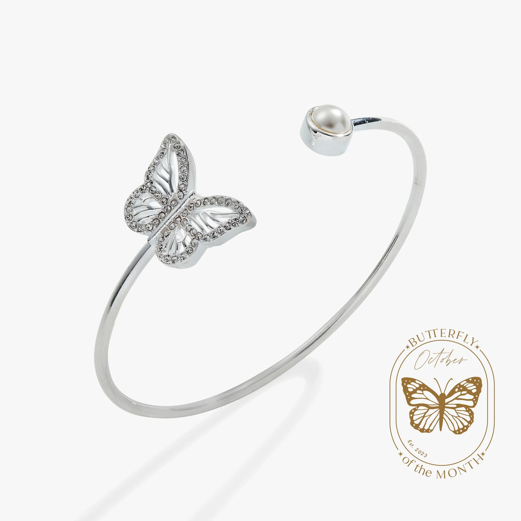 Crystal Butterfly   Pearl Flex Cuff Bracelet