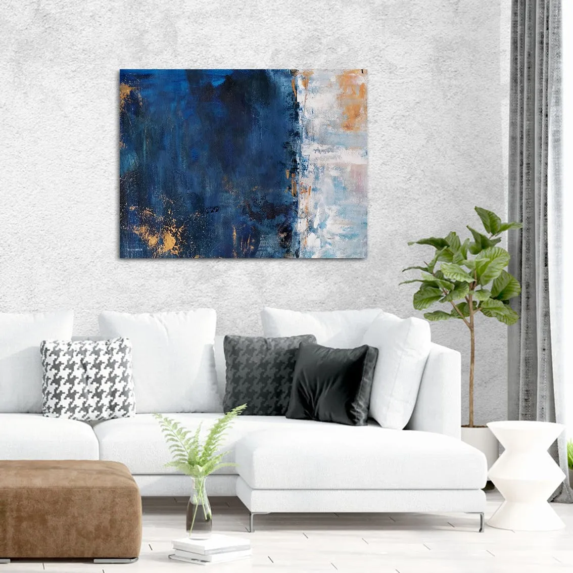 Framed horizontal sapphire blue & gold abstract wall art print