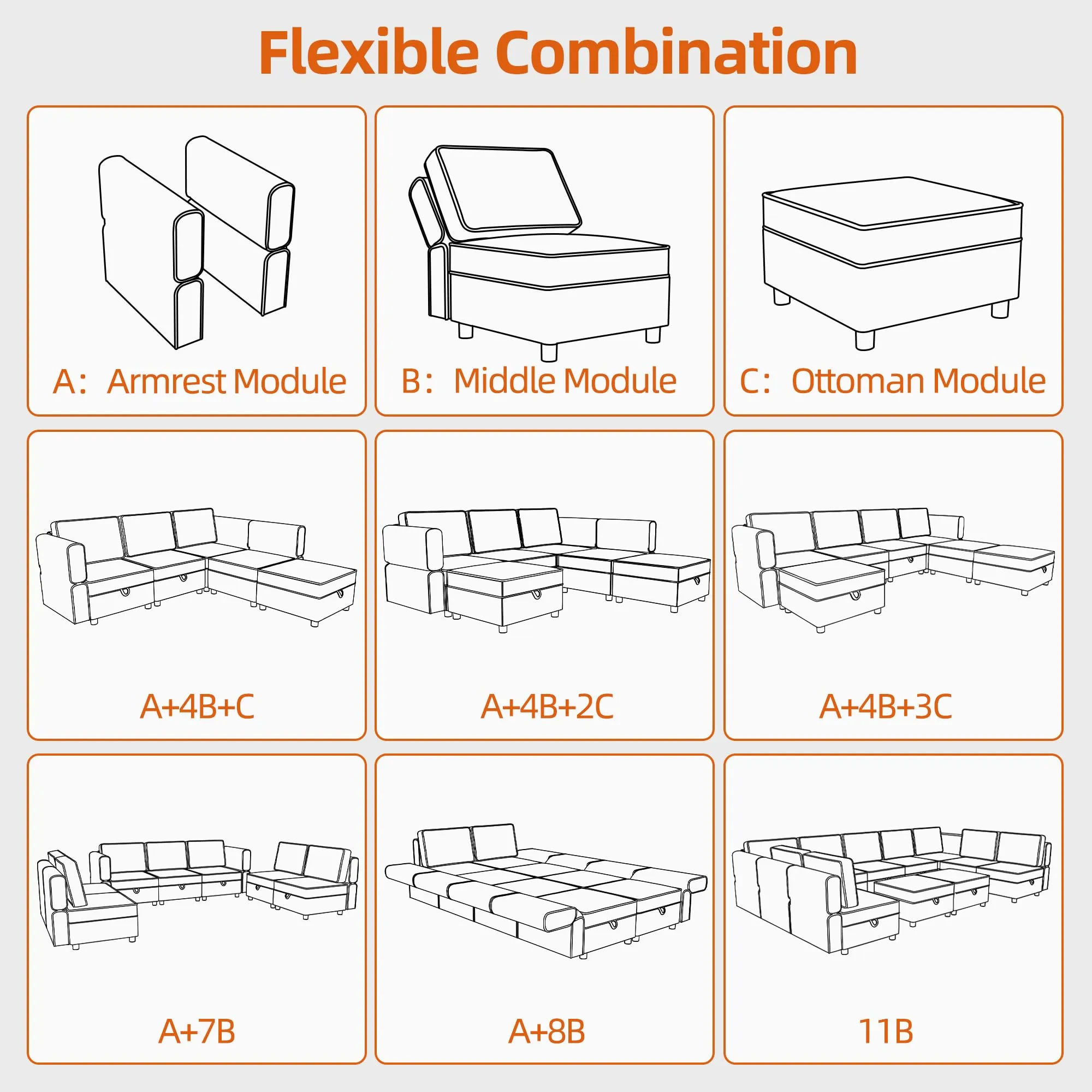 GARVEE Modular Sectional Sofa Middle Module with Storage Space 11 Angles Adjustable Backrest Grey 31 D x 26 W x 33 H