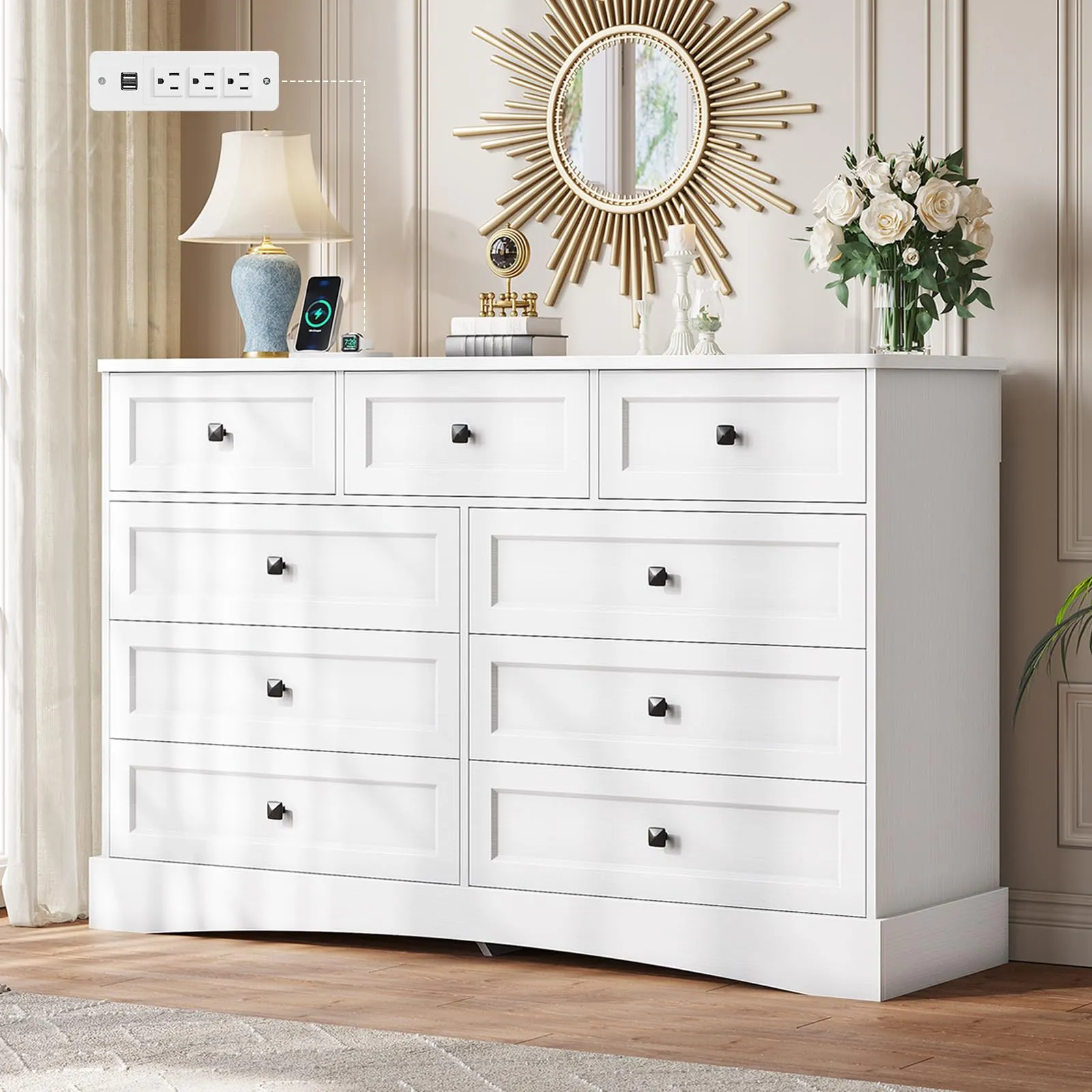 Hasuit White Bedroom Dresser with 9 Drawers, 51.2 Large Drawer Dresser with Charging Station, Wide Farmhouse Dresser Chest of Drawers, Wooden Storage Tower Organizer Dresser for Bedroom, Living Room