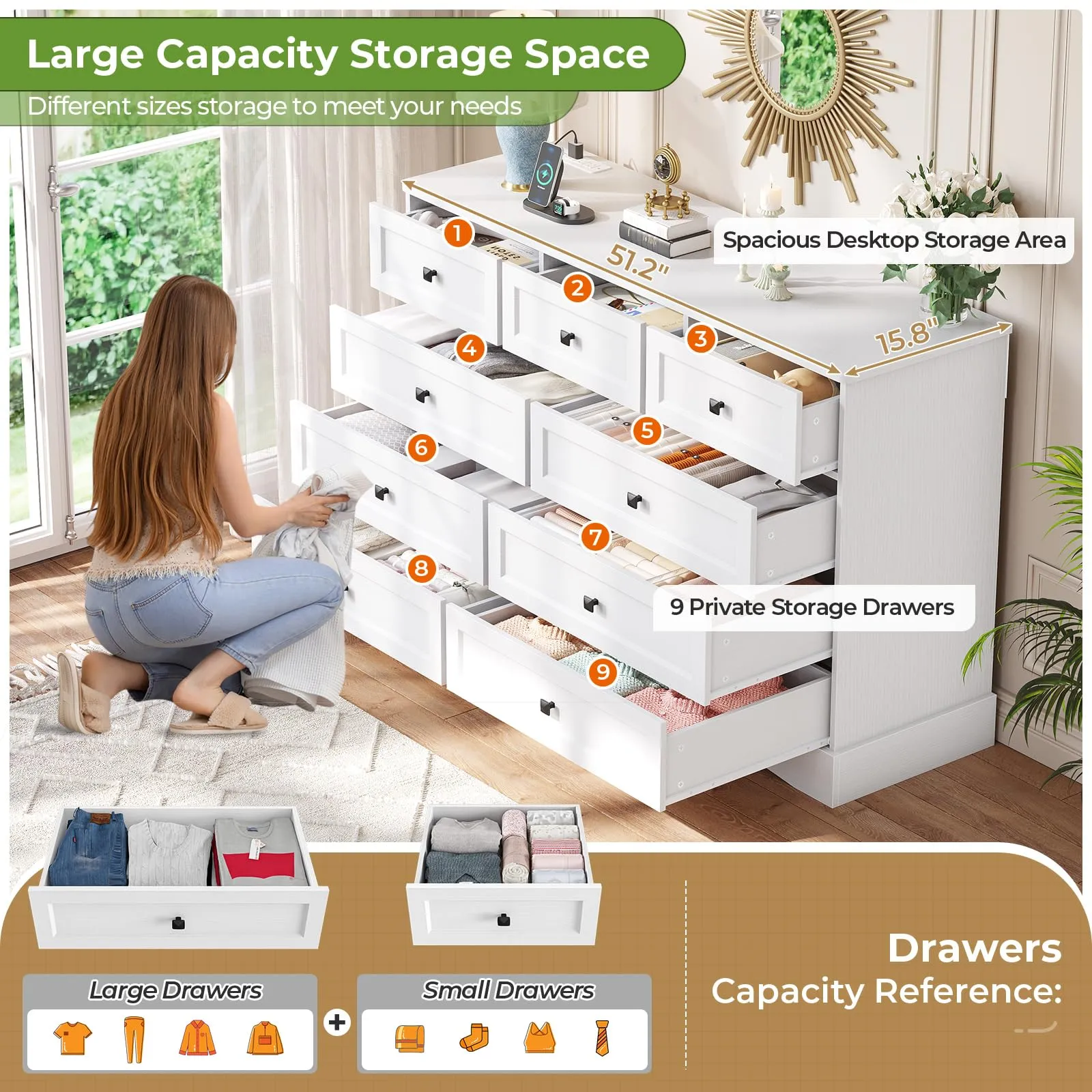 Hasuit White Bedroom Dresser with 9 Drawers, 51.2 Large Drawer Dresser with Charging Station, Wide Farmhouse Dresser Chest of Drawers, Wooden Storage Tower Organizer Dresser for Bedroom, Living Room