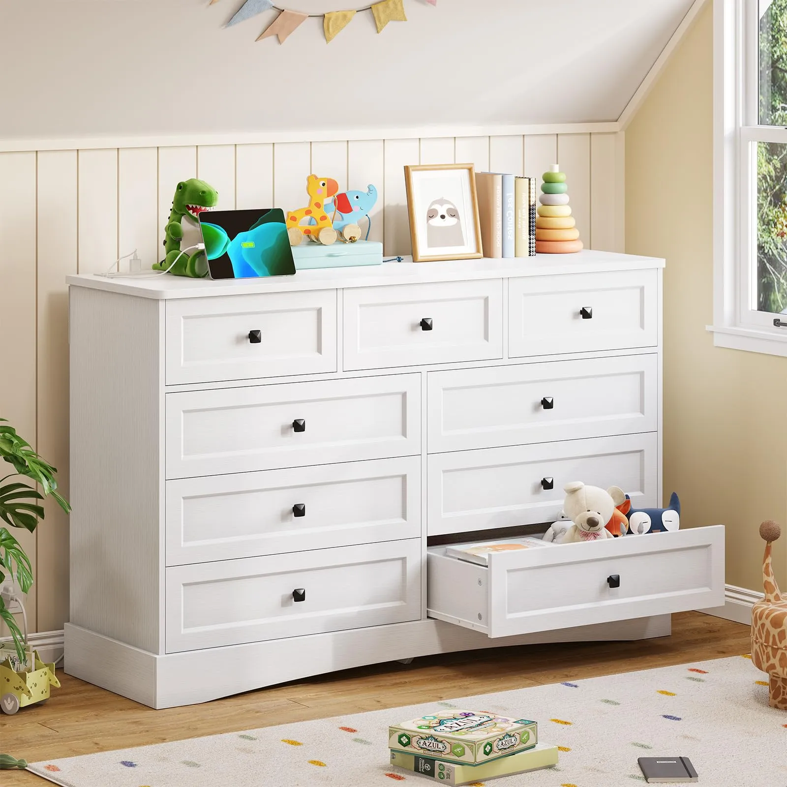 Hasuit White Bedroom Dresser with 9 Drawers, 51.2 Large Drawer Dresser with Charging Station, Wide Farmhouse Dresser Chest of Drawers, Wooden Storage Tower Organizer Dresser for Bedroom, Living Room