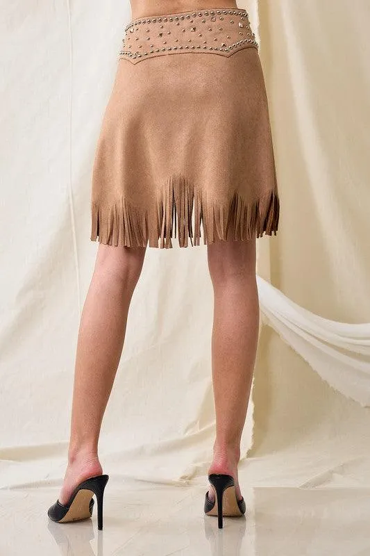 REBECCA THIN SUEDE STUD FRINGE SKIRT