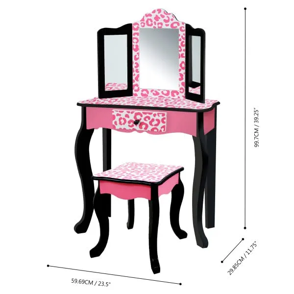 Teamson Kids Leopard Prints Wooden 2-pc. Play Vanity Set with Tri-Fold Mirror, Storage Drawer and Matching Stool to Play Dress-up, Princess or Beauty Shop, Black/Pink