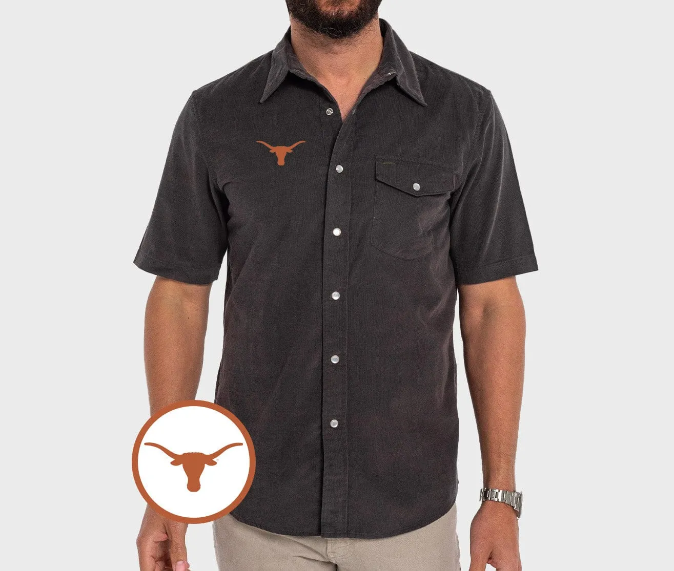 Texas - Short Sleeve Corduroy Pearl Snap - Longhorn - Gray