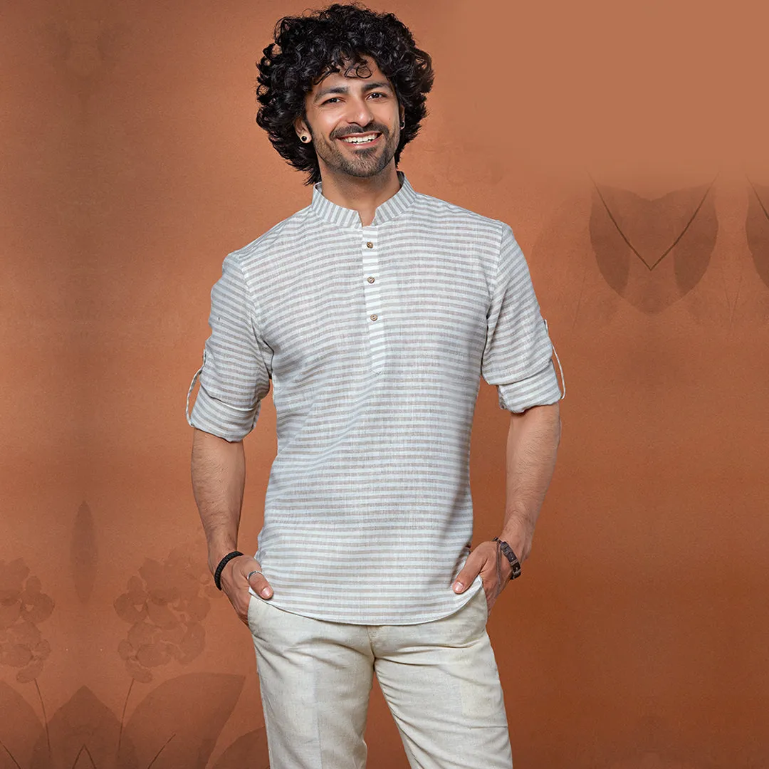 Thin Striped Grey and White Printed Short Kurta